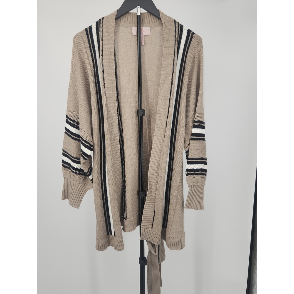 Laurie Felt Los Angeles Striped Open Front Belted Cardigan Tan Black White 1X